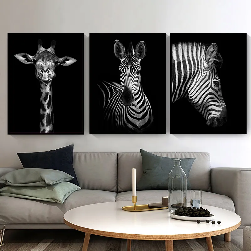 Европейская черно белая Скандинавская Картина на холсте животные Лев Зебра