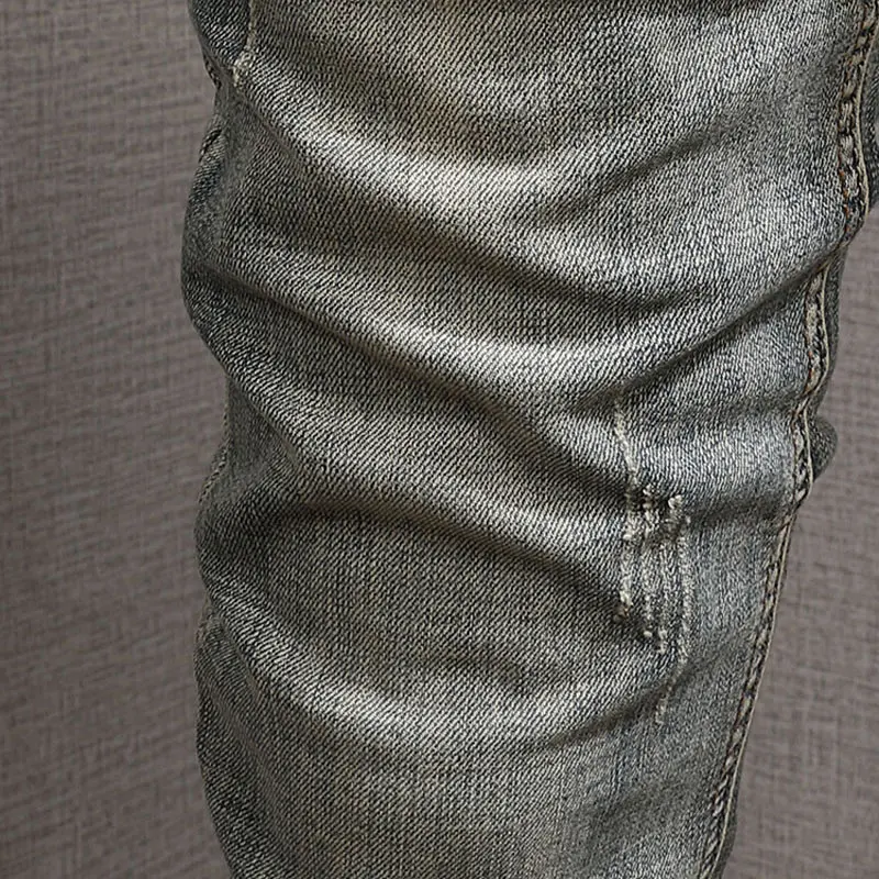 European American Vintage Fashion Men Jeans Distressed Wash Retro Elastic Slim Ripped Jeans Men Embroidery Designer Denim Pants