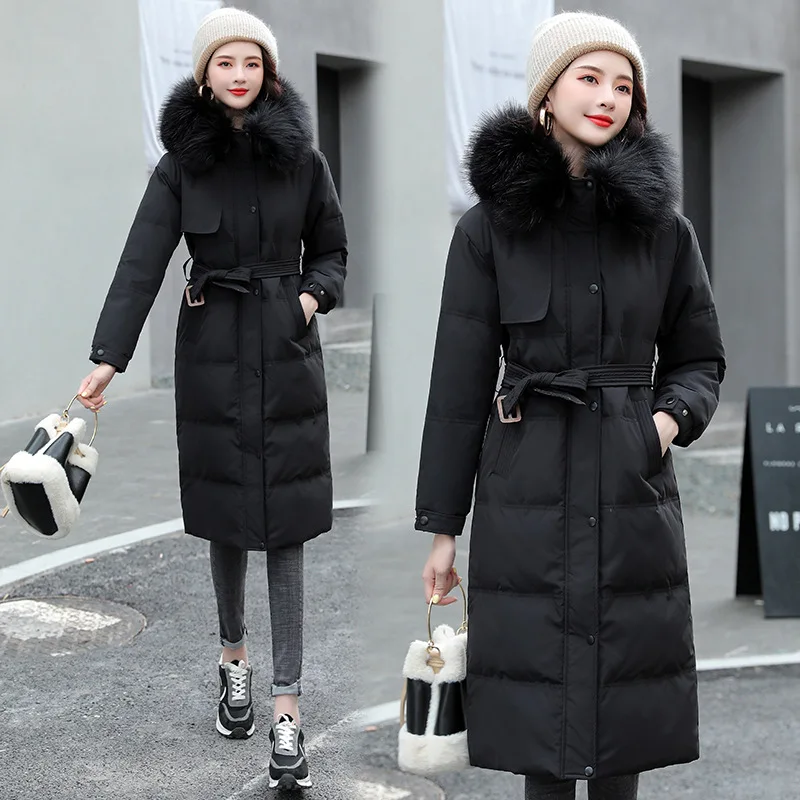 2021 Large Fur Collar Women Long Coats Loose Belt  Parka Jackets Female Down Cotton Outwear Winter Women Clothing Casual Parkas
