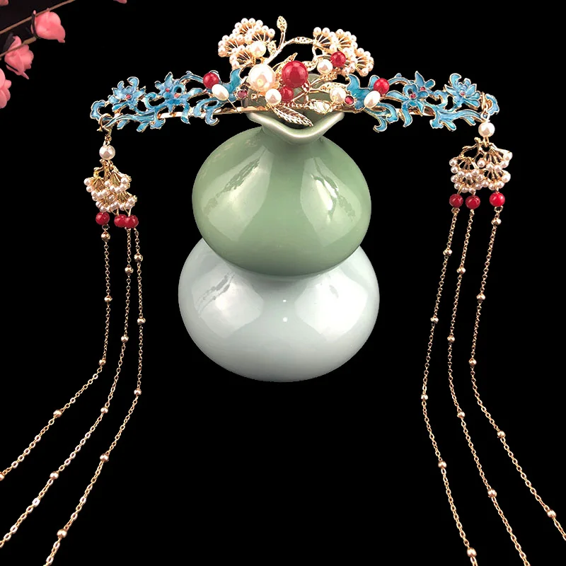 Ретро сгоревшие синие волосы корона кисточка Ming and Qing корт костюм головной убор