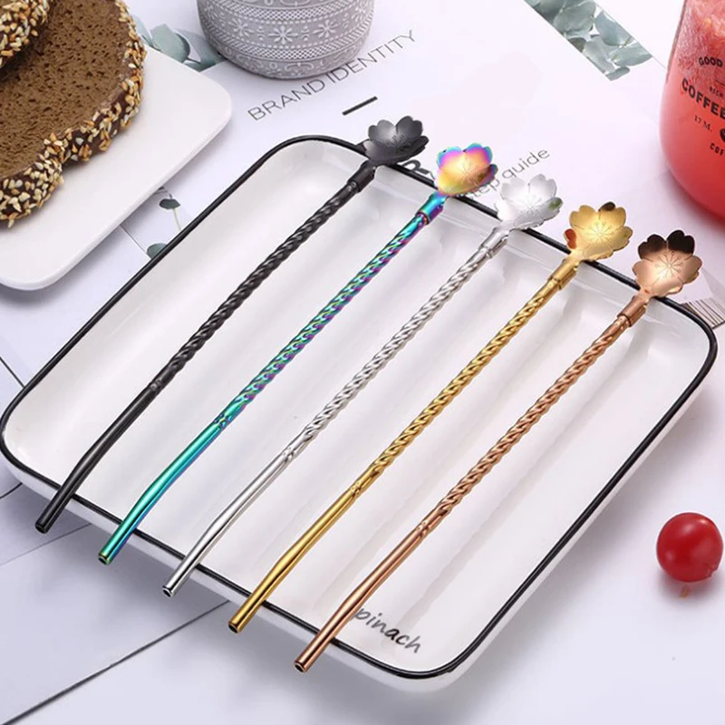 

1Pcs Cherry Blossoms Rose Straw Spoon Long Twisted Portable Reusable Stainless Steel Gold Straw Cocktail Coffee Stirring Spoons