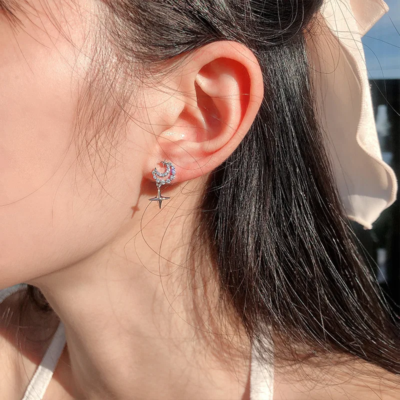 

New Prevent allergy 925 Sterling Silver Star Moon Stud Earrings For Women Jewelry Accessories Pendientes eh397