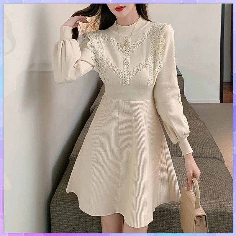 Фото Autumn Winter Slim Waist Lantern Long Sleeve Elegant Women's Dress Lace Patchwork Knitted Mini Dresses Vestidos платье женское №2