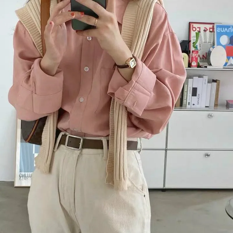 

New Women Blouses Shirts 2021 Autumn Winter Fashion Korean Style Elegant Office Lady Solid Pink Ladies Tops Plus Size 4XL Y355