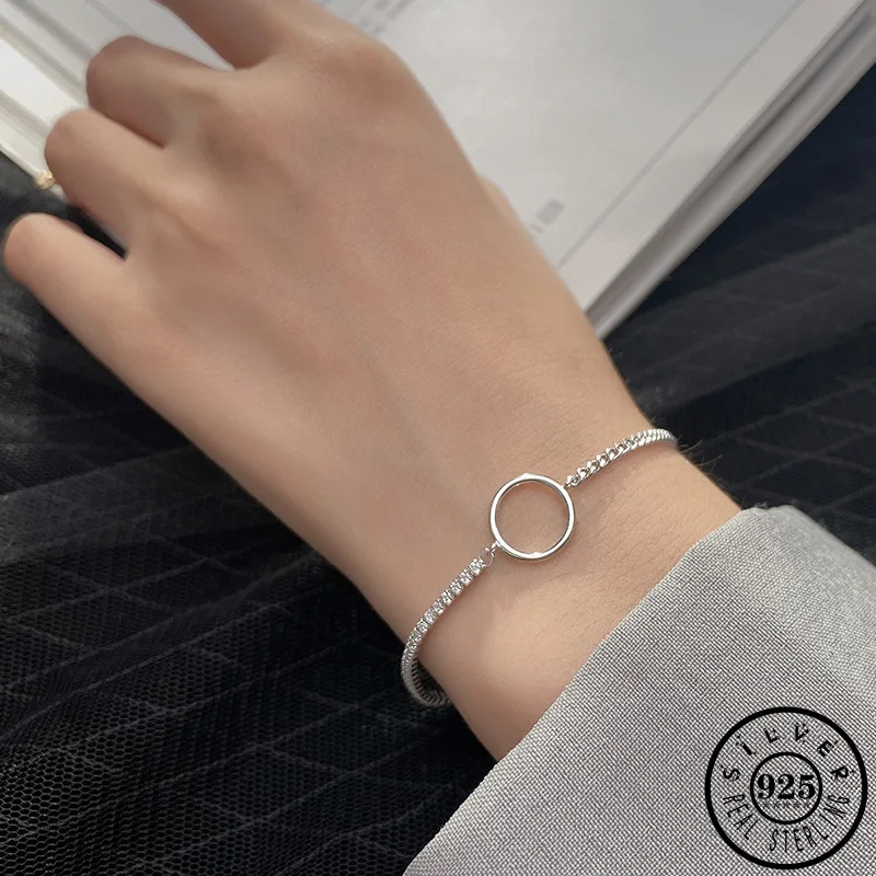 Trendy 925 Sterling Silver Geometric Round Shape Gold Color Plated Chain Statement Hand Zircon Bracelets Jewelry Gifts for Women | Украшения