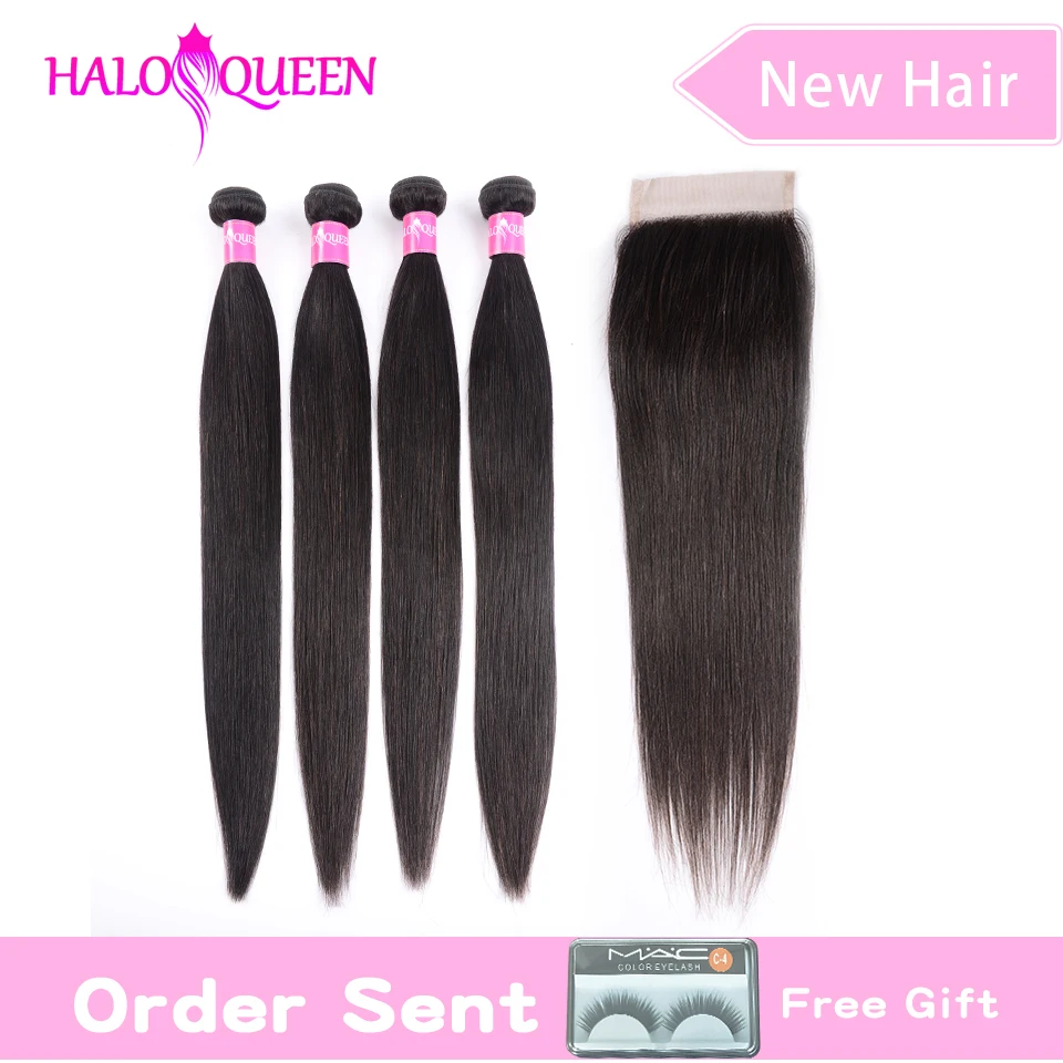 HOLAQUEEN волосы прямые 4 пучка с закрытием Remy перуанские пучки волос натуральный