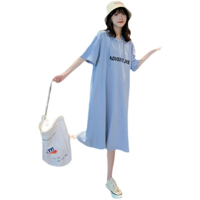 

729# Summer Casual Cotton Maternity Long Tees with Hoodies Loose Dress Clothes for Pregnant Women Pregnancy Clothing