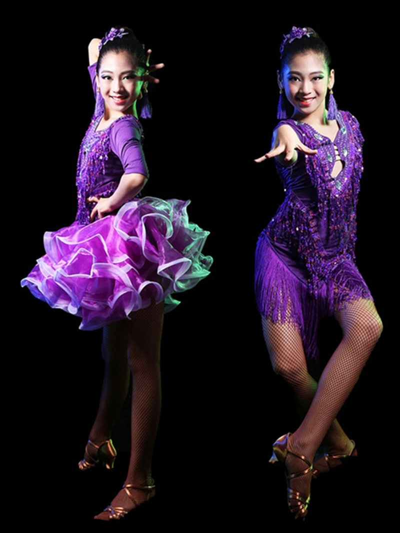 Children Tassel Latin Dance Dress Girl Ballroom Competition Dresses Kid Sequin Fringe Salsa Wear Tango dance clothes | Тематическая