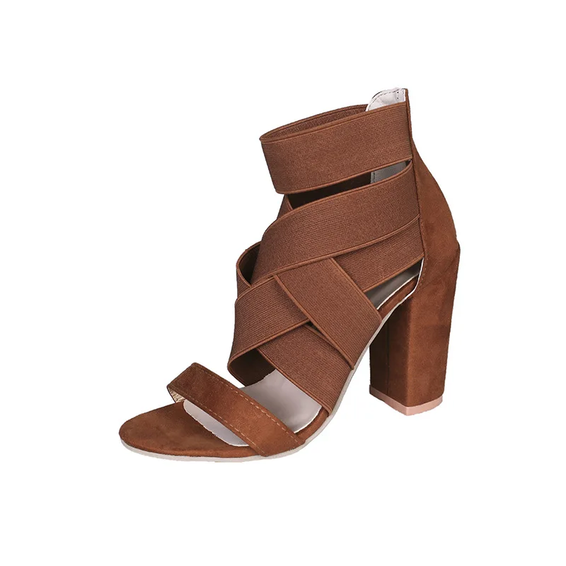 

2021 Hot Sale New Fashion Thick High Heel Women's Sandals Elastic Band Stretch Female Hollow Sandals Large Size 43 Ladies Shoes