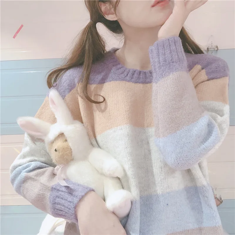 

Женский полосатый свитер с круглым вырезом и длинным рукавом, в японском стиле