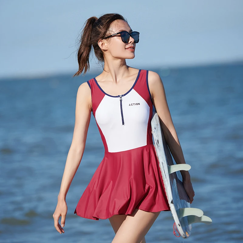 

Women One Piece Sport Swimwear Surfing Suit Open Back Swimsuit Zipper Solid Surfing One Piece Bathing Suit Monikini Surfdress