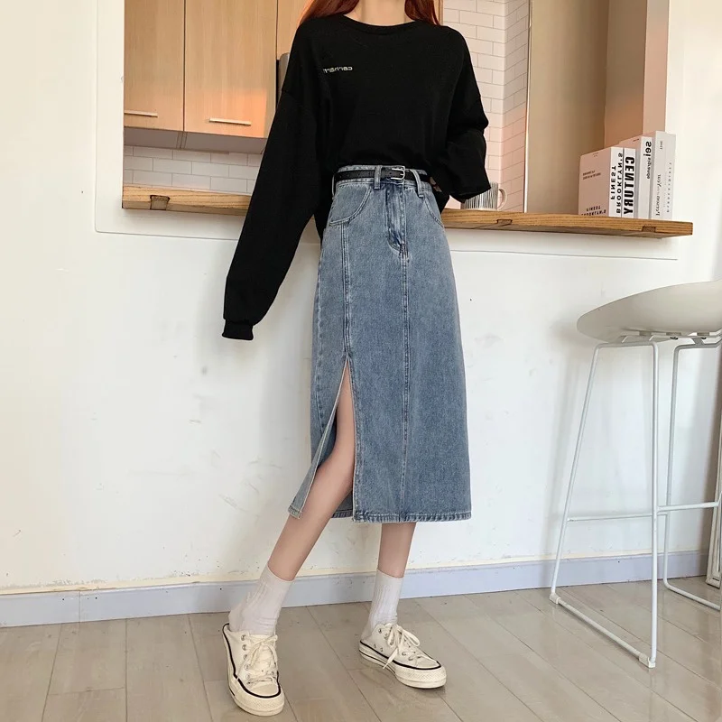 Джинсовая юбка с Боковым Разрезом женская маленькая трапециевидная средней