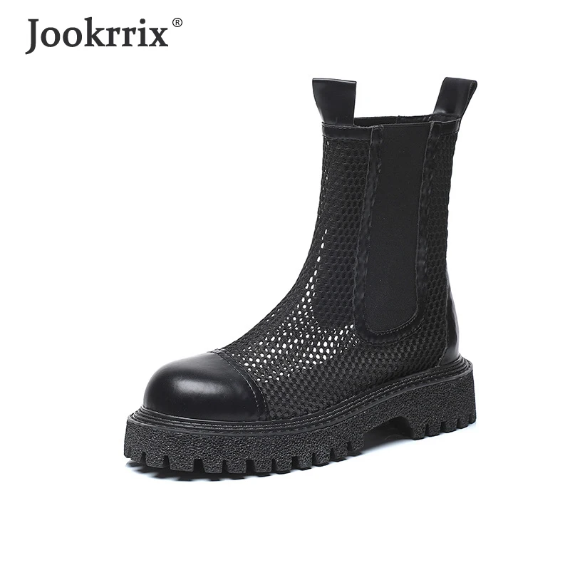 

Женские ботинки из натуральной кожи, черные ажурные ботинки до середины икры на платформе, подходят к любой одежде, лето 2021