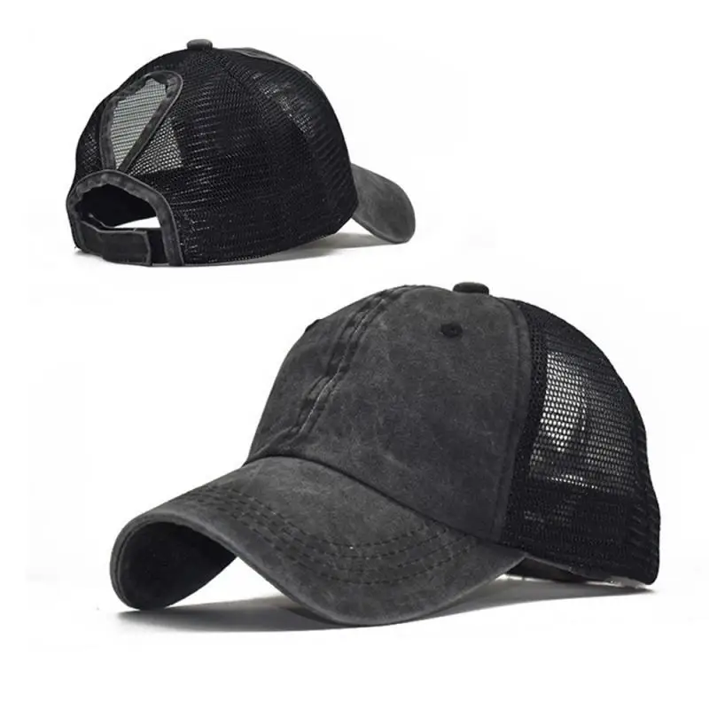 High Ponytail Adjustable Baseball Cap Mesh Trucker Baseball Hat Washed Baseball Cap Ponytail Hats For Men Women Multicolor