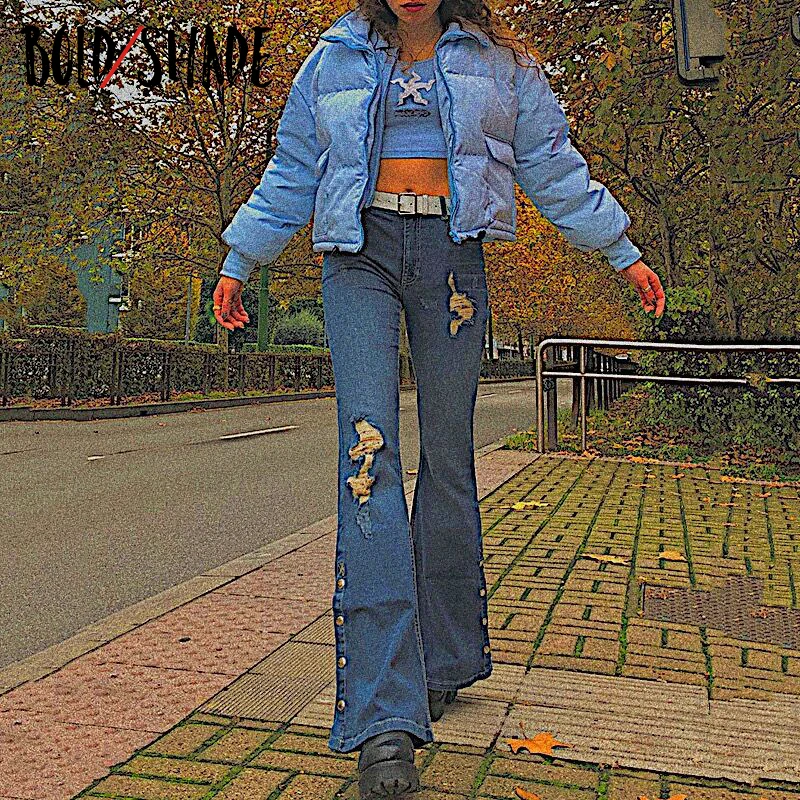 

Bold Shade Streetwear Grunge 90s Style Jeans Mid Waist Button Split Side Skinny Denim Jeans Women Urbano Solid Pants 2021 Autumn