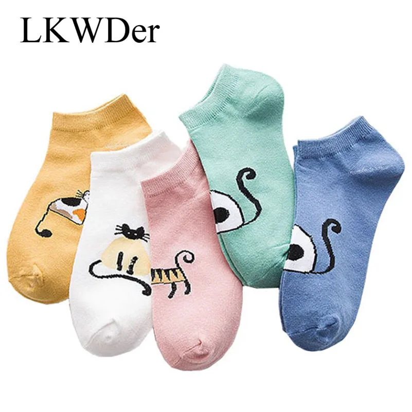 

LKWDer 5 Pairs Women's Socks Summer Short Socks Women Girls Ladies Female Pure Color Cotton Cartoon Cat Boat Socks Wholesale