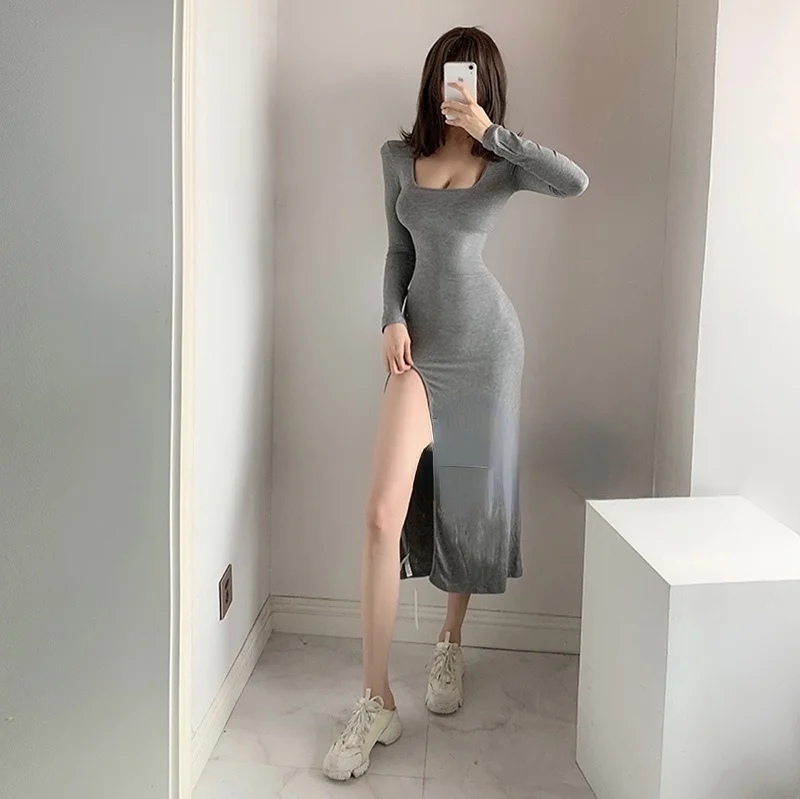 

New Sexy Square Collar Solid Color Elastic Thin Temperament Simple And Fashion Long Sleeve Sexy Women Dress sweet