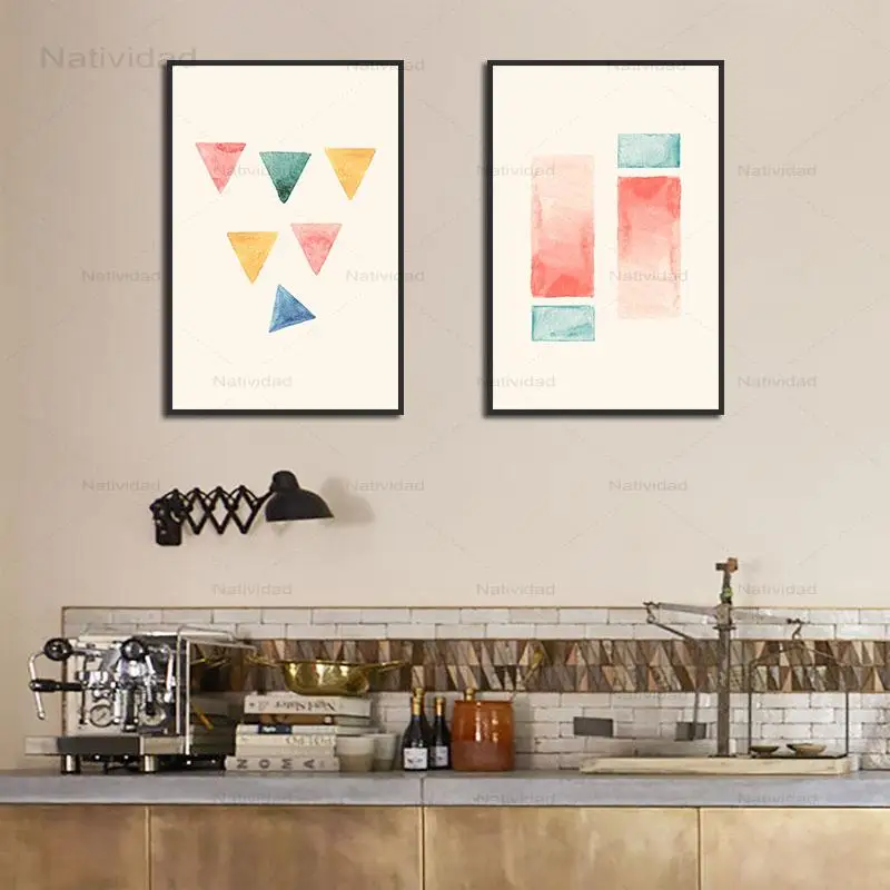 Абстрактная Картина на холсте квадраты прямоугольные и треугольники разных форм