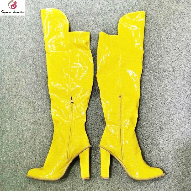 

Fashion Women Over The Knee Boots Party Woman Winter Shoes Yellow Patent PU Leather Square Heels Side Zipper Ladies Long Boots