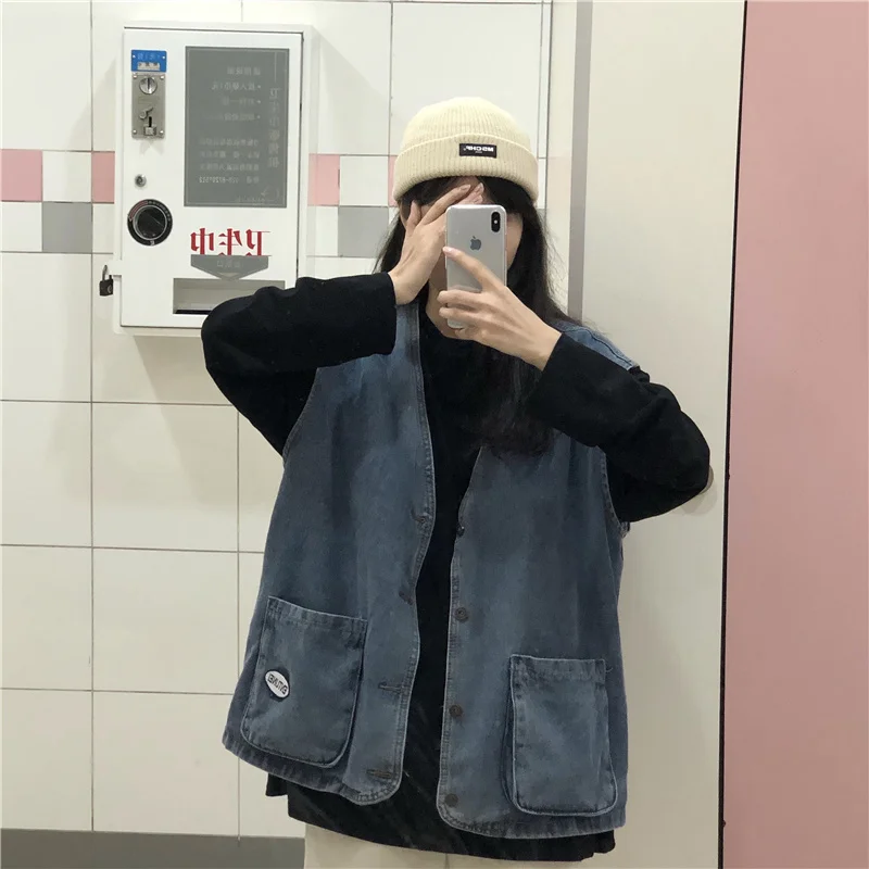 Женский джинсовый жилет в стиле Харадзюку новый стильный кардиган без рукавов