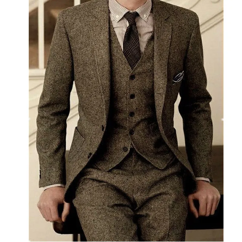 

Latest Coat Pant Designs Brown Tweed Suit Men Vintage Winter Formal Wedding Suits For Men Men's Classic Suit 3 Pieces Men Suit