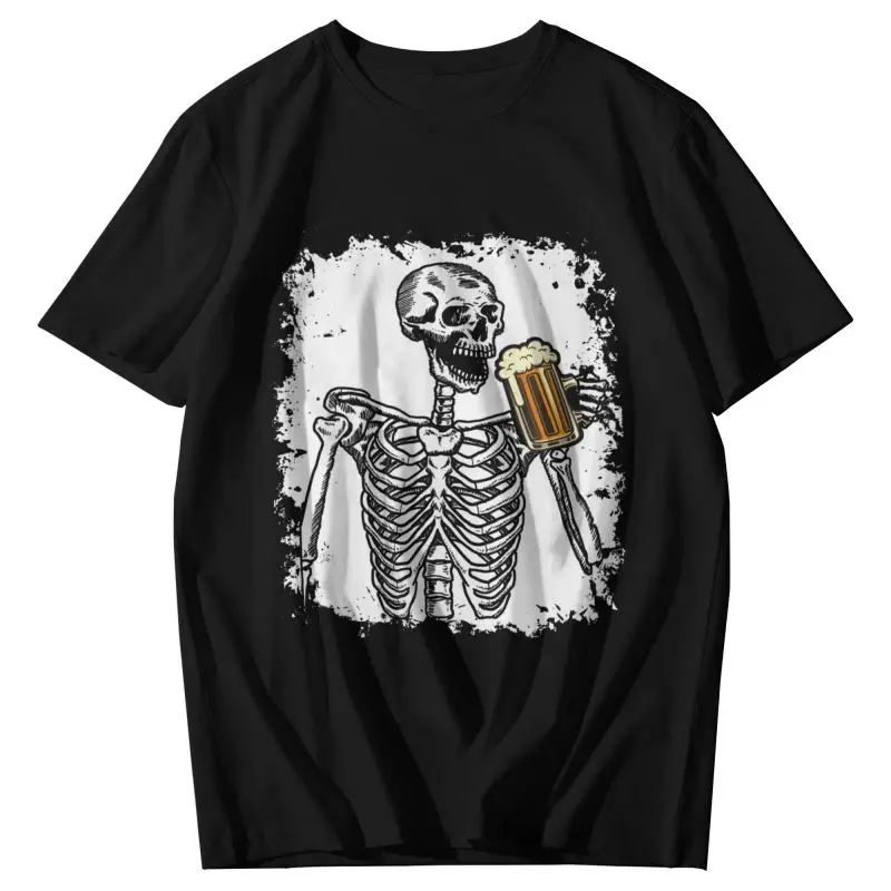 

Halloween Beer T-shirt Men's Streetwear T Shirt Short Sleeve 100% Cotton Drinking Skeleton Skull Tshirt Cool Tees Tops