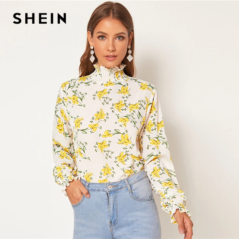 SHEIN/белая блузка с цветочным принтом и оборка, с вырезом на спине, топ, Женская весенне-осенняя Повседневная блуза с длинным рукавом с принтом «Бишоп», abaya