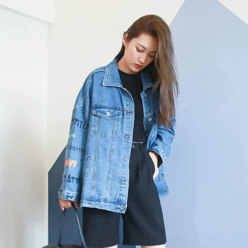 

Женская джинсовая куртка с вышивкой, свободная повседневная куртка в Корейском стиле на весну и осень