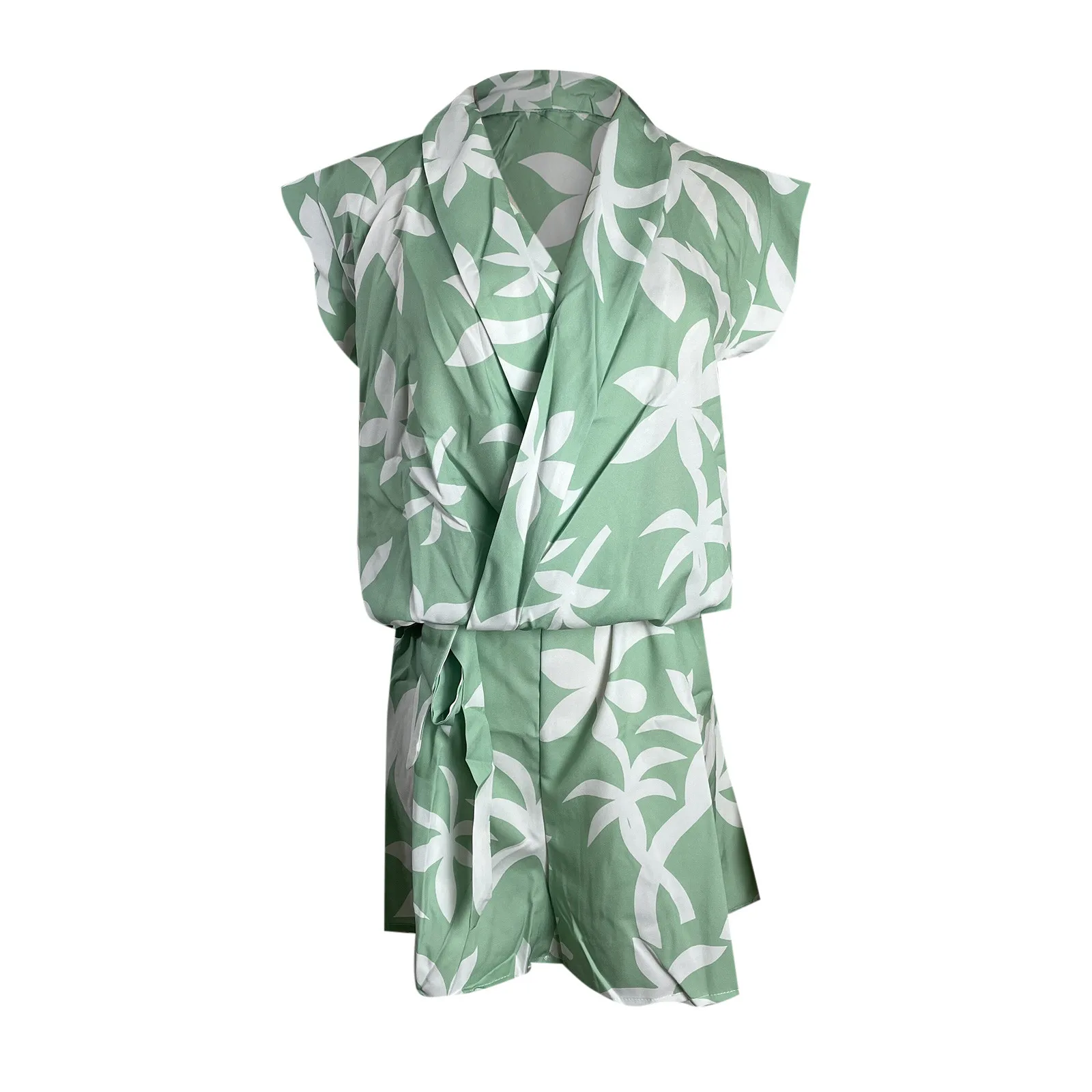 

2021 women's summer jumpsuit sexy V-neck belt plant print wide-leg jumpsuit shorts jumpsuit