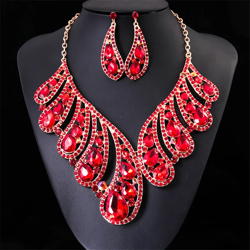 

Luxurious Teardrop Crystal Bridal Party Wedding Jewelry Sets Rhinestone Big Necklace Earrings Set Women Dubai Statement Necklace