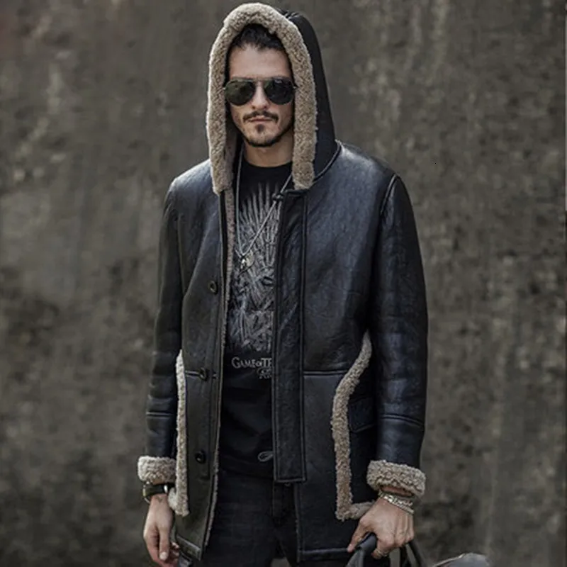 

New Men Genuine Leather Coat Long Winter Warm Coats With Hood Shearling Sheepskin Parkas Thick Wind-proof Overcoat 741