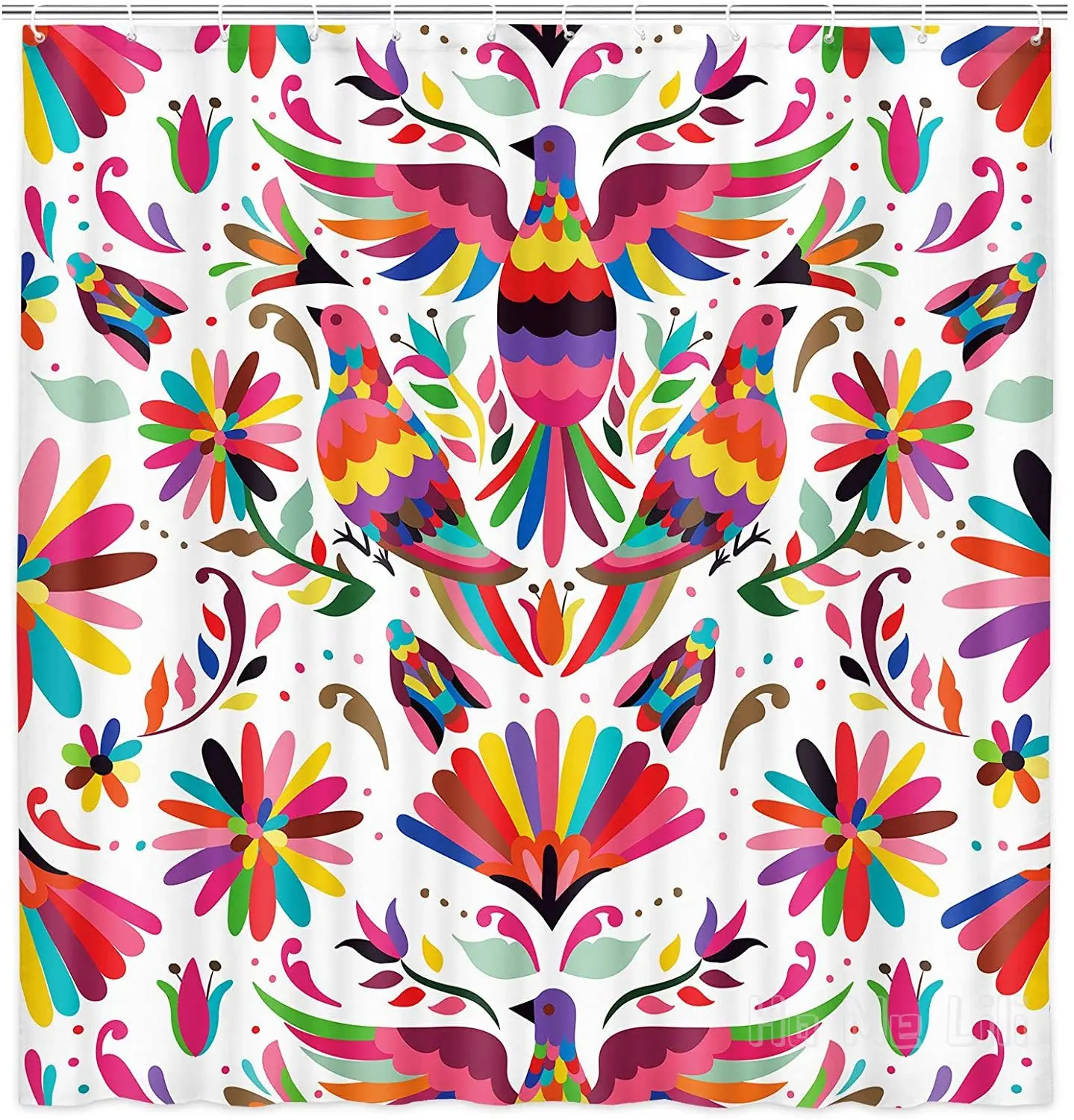 

Mexican Otomi Green Flower Boho Floral Shower Curtain Set With Hooks American Art Natural Inspirations Flowers And Birds