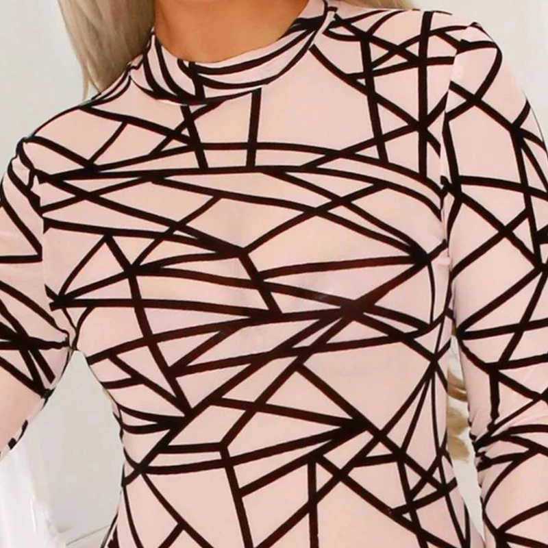 SEBOWEL Nude Sexy Printed Long Sleeve Bodysuit for Women Casual Turtleneck Bodycon Bodysuits Female Body Tops Combinaison Femme |