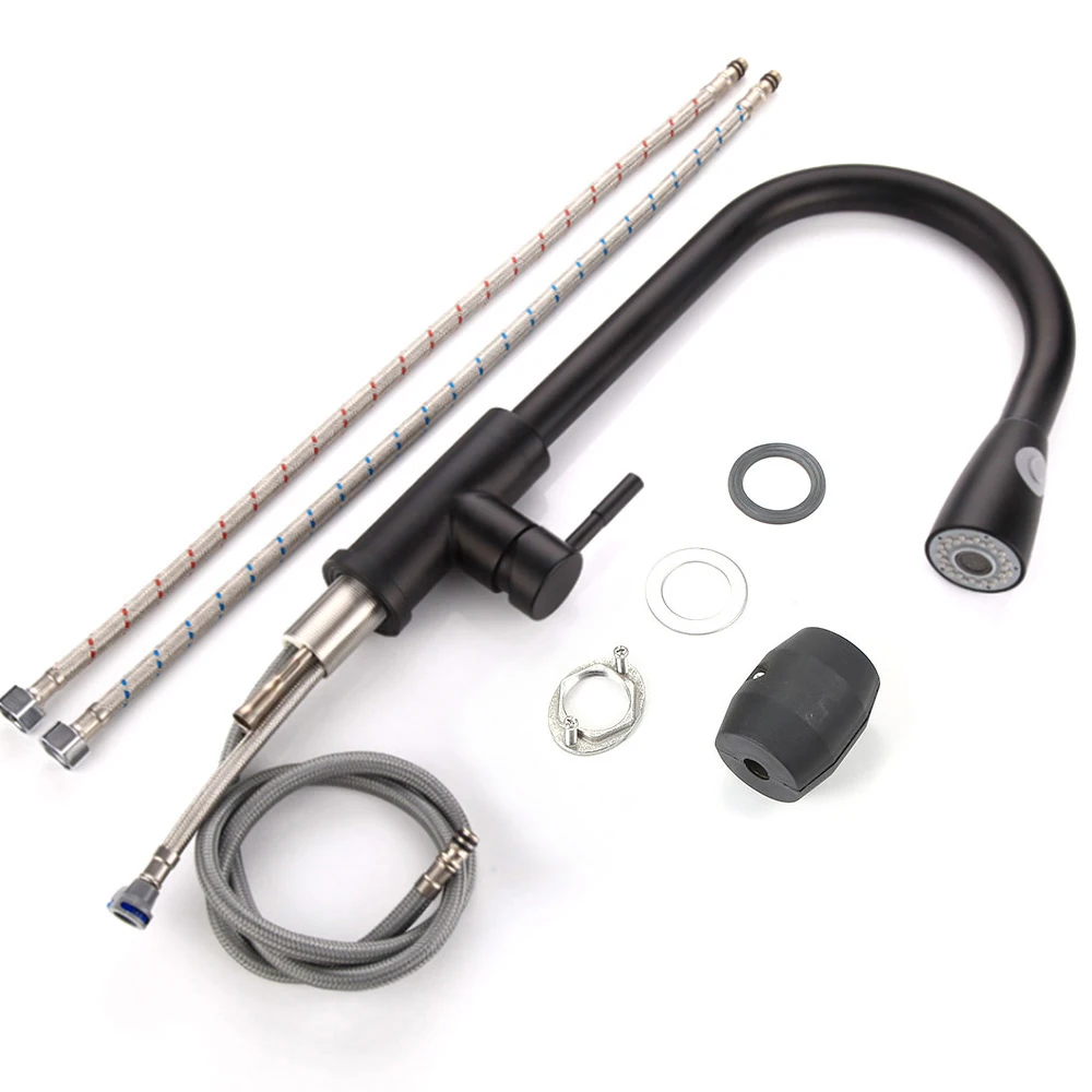 

Black Kitchen Faucet Tap 360 Degree Rotation Hot and Cold Kitchen Mixer Pull Out Two Function Deck Mounted Tap with Free Hose