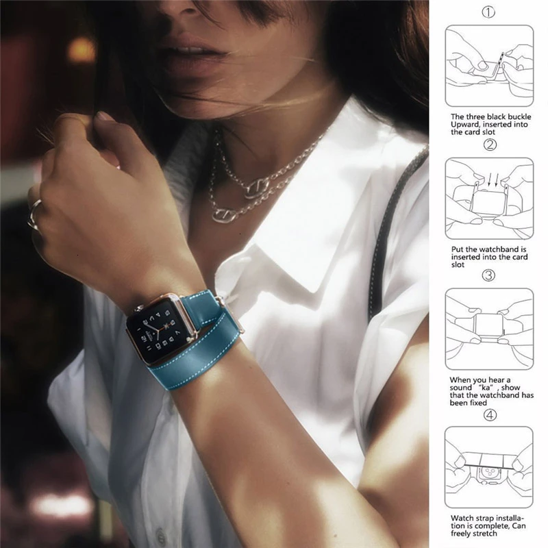 Кожаный двойной ремешок для Apple Watch 44 мм iwatch, браслет серии 5 4 3 2 1, Смарт 42 мм, петля 38 мм, замена 40 мм
