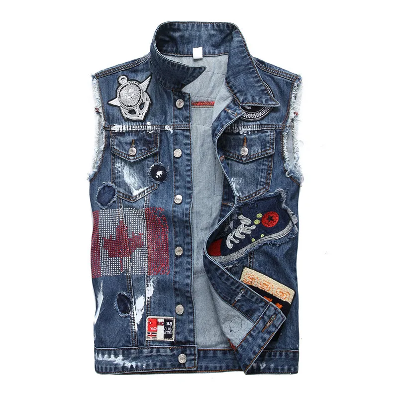 2020 New Men's Punk Denim Vests Sleeveless Vintage Jeans Vest Jackets Black Skull Embroidery Waistcoat Ripped Cowboy Streetwear | Мужская