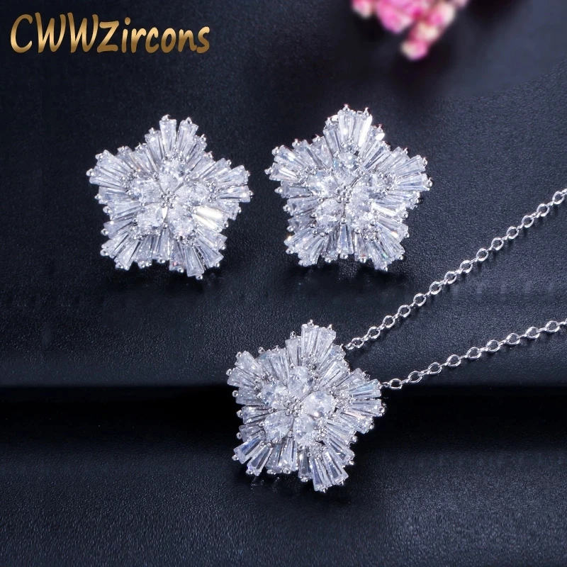 CWWZircons Брендовые женские модные ювелирные изделия AAA кубический цирконий снежный цветок кулон ожерелье серьги наборы для женщин подарок T208 - изображение