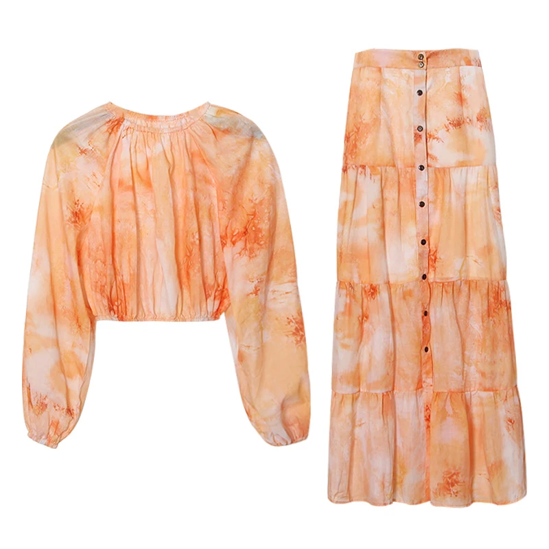 

CHICEVER Casual Hit Color Skirt Suit Female Round Collar Lantern Sleeve Tops High Waist Long Skirts Female Sets Fashion New 2021