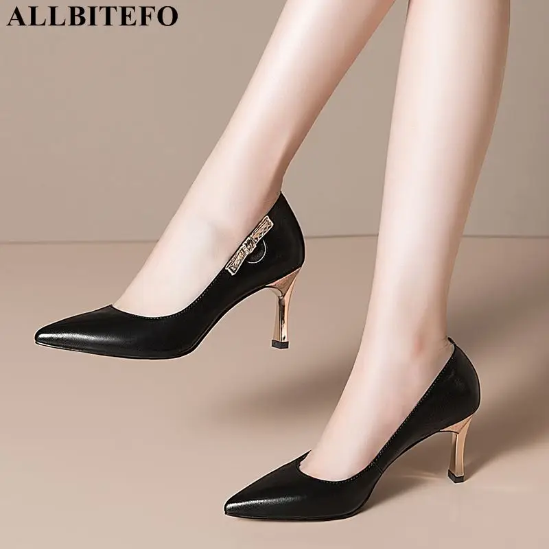 

ALLBITEFO sexy high heels genuine leather bowtie wedding women shoes thin heels office ladies shoes party women heels size:33-43