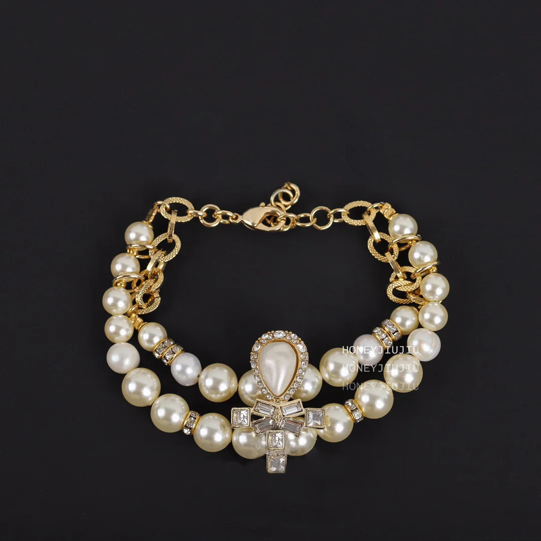

2021 Famous Brand Top Quality Designer Luxury Jewelry Pearl Crystal Multi Layer Bracelet Necklace Set For Women Runway Trendy
