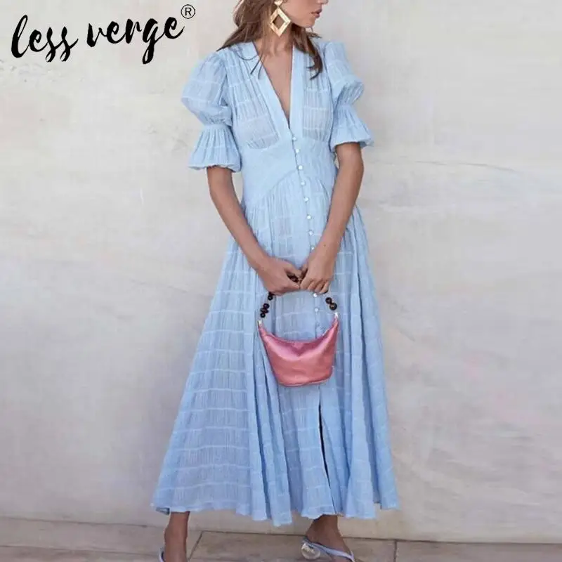 Женское винтажное платье в полоску Lessverge синее длинное с рукавами фонариками и v