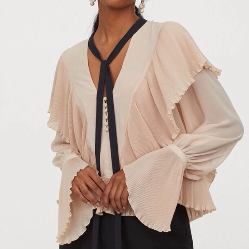 Элегантная Прозрачная женская блузка с V образным вырезом и оборками шифоновая