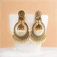 antique indian womens white beads tassel jhumka earrings ethnic gypsy gold color big circle bell drop earring fashion jewelry