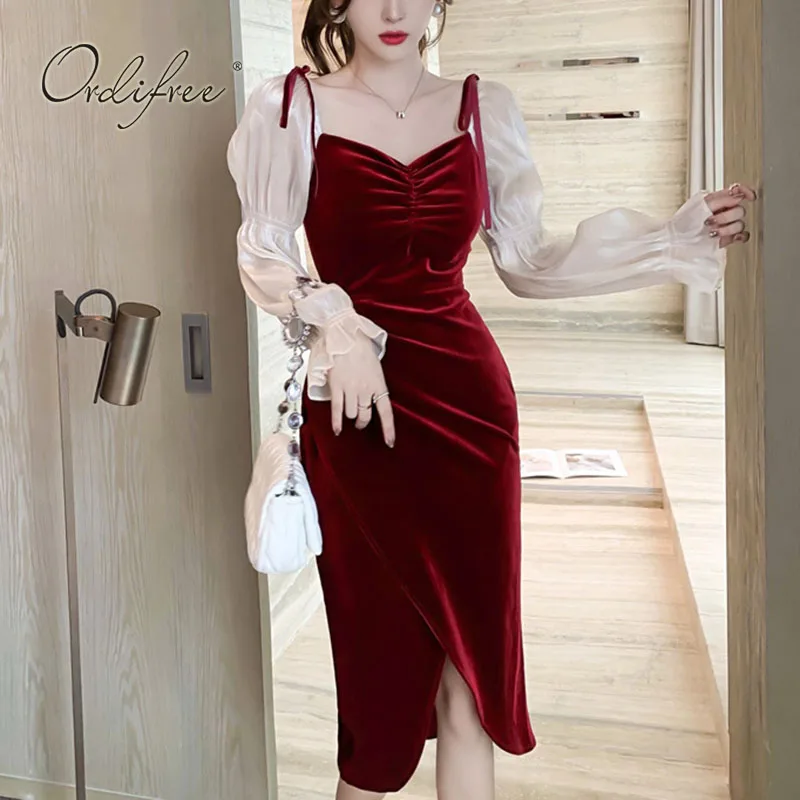 

Ordifree 2021 Autumn Womne Velvet Party Dress Long Sleeve Vintage Elegant Lady Sexy Bodycon Burgundy Slit Dress