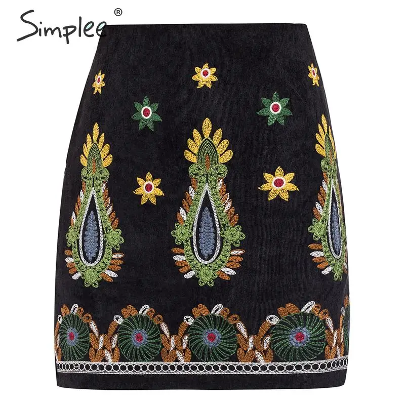 Simplee винтажная юбка с высокой талией, Женская юбка-карандаш Boho, Вельветовая Зимняя юбка, Женская Осенняя сексуальная Зеленая мини-юбка с вышивкой