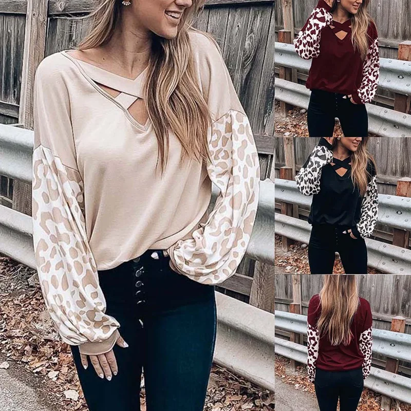 

Leopard Print T-Shirt Pullover Patchwork Top Long Sleeve V Neck Loose Tshirts Womens Casual T-Shirt Pullover
