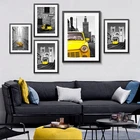 Пейзаж на холсте, настенное искусство, черно-белый, желтый автобус, автомобиль, картины в скандинавском стиле, здание картины для гостиной, настенное искусство