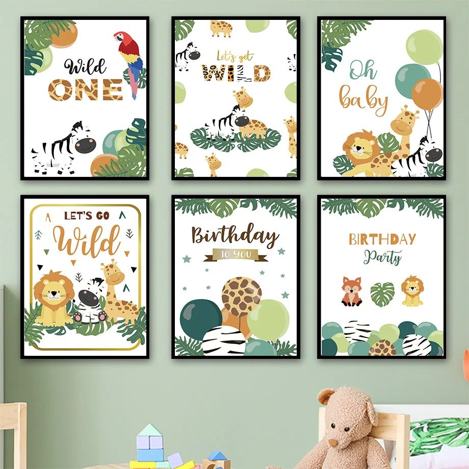 

Cartoon Green Plants Balloon Lion Parrot Monkey Wall Art Canvas Painting Nordic Posters And Prints Wall Pictures Kids Room Decor