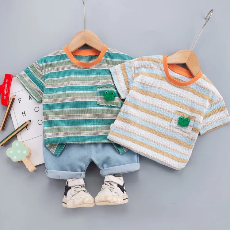 

Striped Dinosaur T-shirt for Boys Children's Clothing 2PCS Sets Cotton Short Sleeves T-Shirts + Denim Shorts Suit Kids Clothes