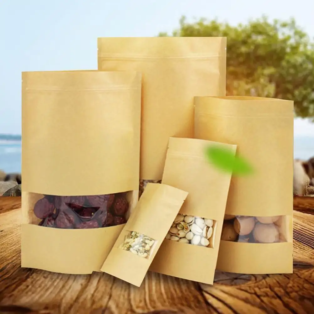 

50Pcs Kraft Paper Bags Zip Lock Brown With Window Stand Up Resealable Grip Pouches Tea Coffee Bean Candy Packaging Food